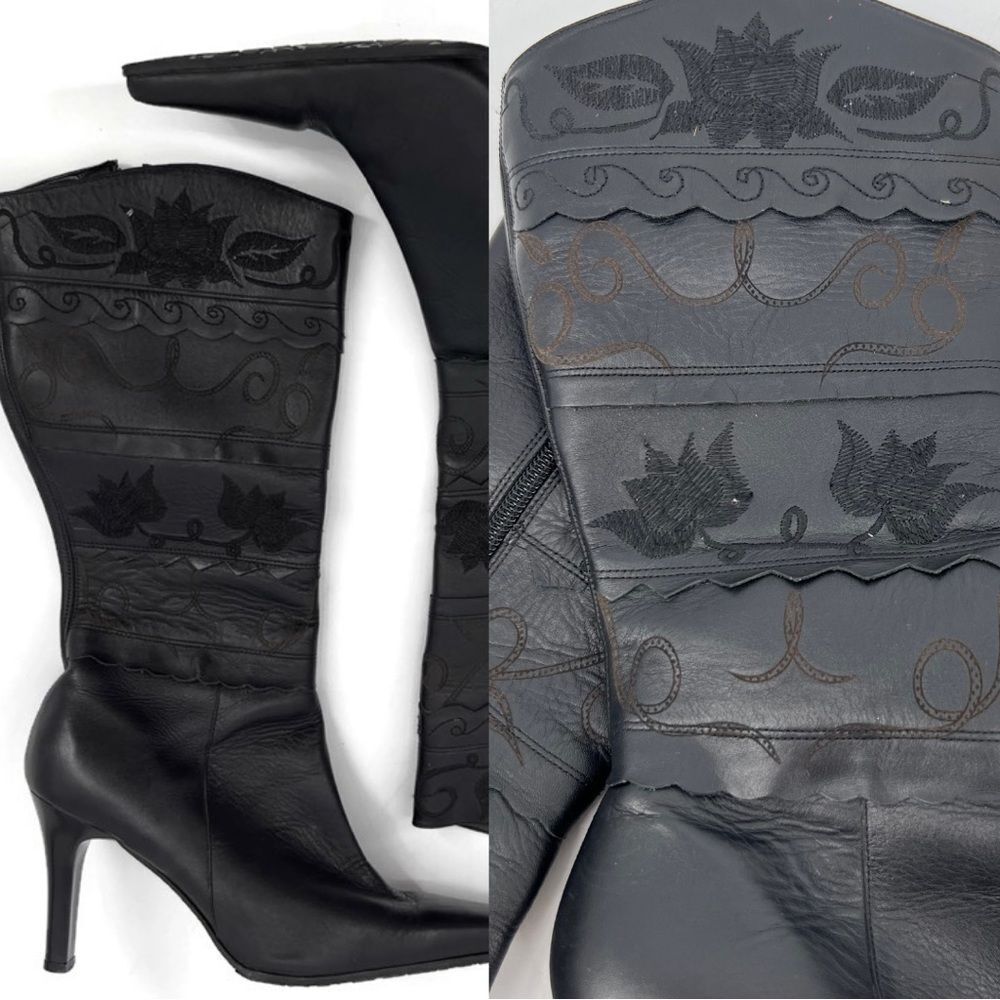 Ronay Black Heeled Floral Boots Made in Mexico Sz 7